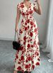 Short-sleeved Lace-up Dress, New Printed V-neck Long Dress, Cross-border Summer Waist Women's Clothing_ecoleips.com