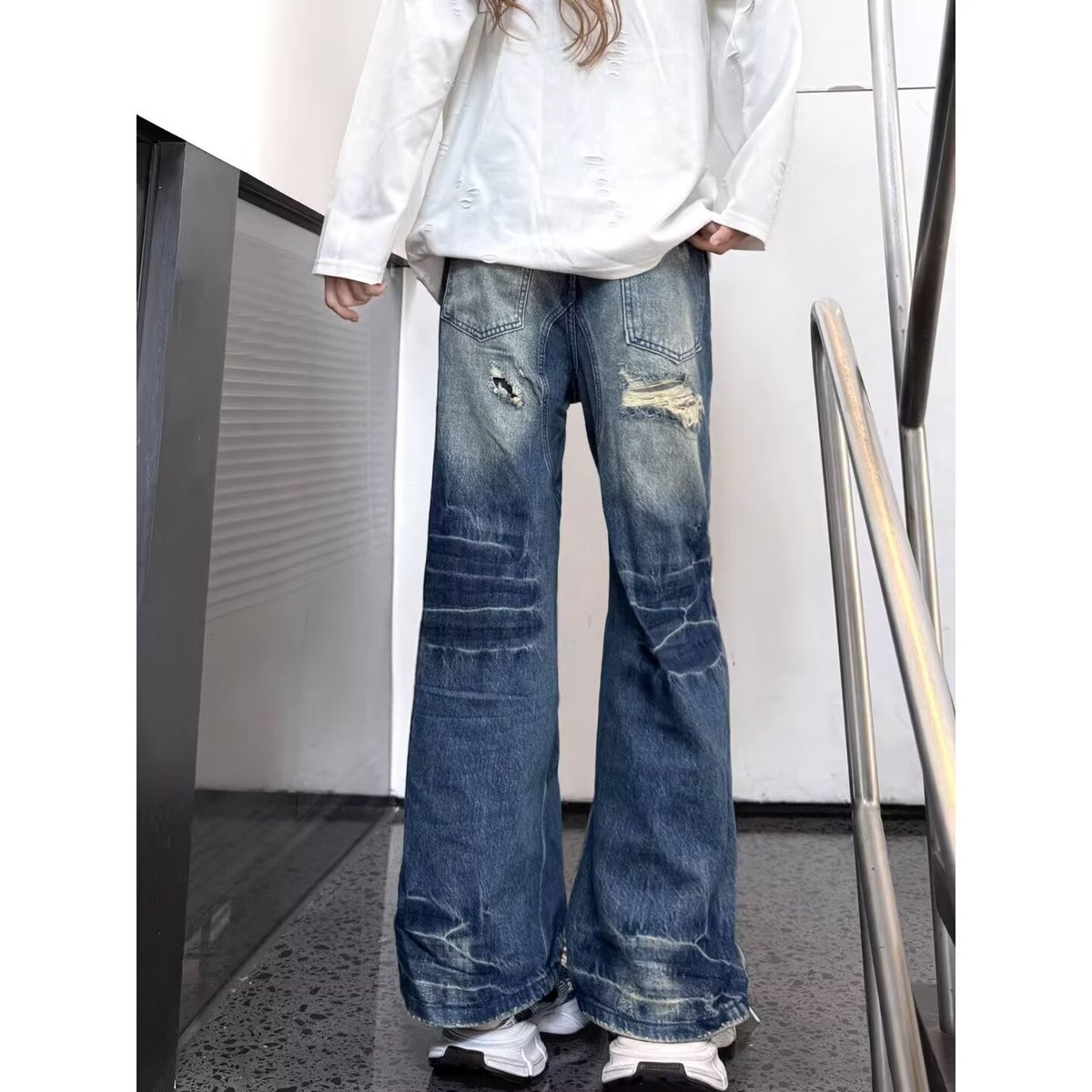 Men's American Style High-Waisted Ripped Jeans Loose Fitting Straight Leg Wide Leg Pants Casual Pear Shaped Body Fit Summer New Style_ecoleips.com