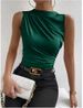 2024 Spring And Summer New, Fashionable And Versatile Solid Color Pleated Sleeveless Pullover Semi-turtleneck T-shirt_ecoleips.com