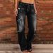 Women's Clothing Denim Trousers Trendy Distressed Mid Waist Ripped Casual Straight Leg Trousers_ecoleips.com