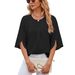 Women's Clothing New Solid Color Round Neck Five Point Sleeves Short Sleeves Loose Chiffon Shirt Tops For Women_ecoleips.com