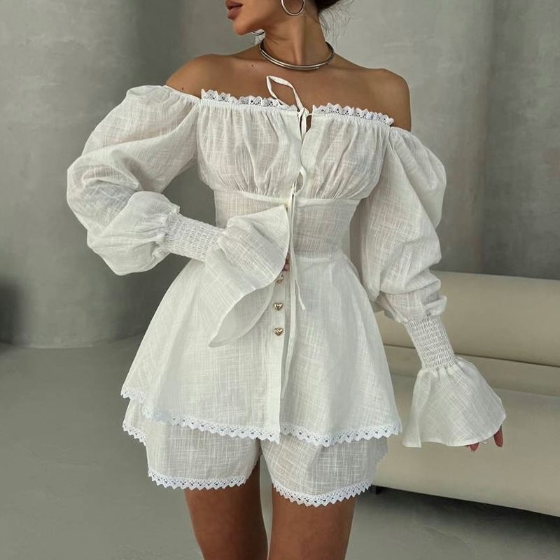 Women's Elegant Off-Shoulder Lace Shirt Wide Leg Shorts Set European American Style Summer Tie-Up Cross Border Clothing_ecoleips.com