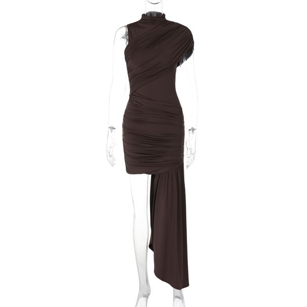 European And American Women's Clothing 2026 Spring New Fashion Slim Fit Round Neck Ruched Bodycon Asymmetrical_ecoleips.com