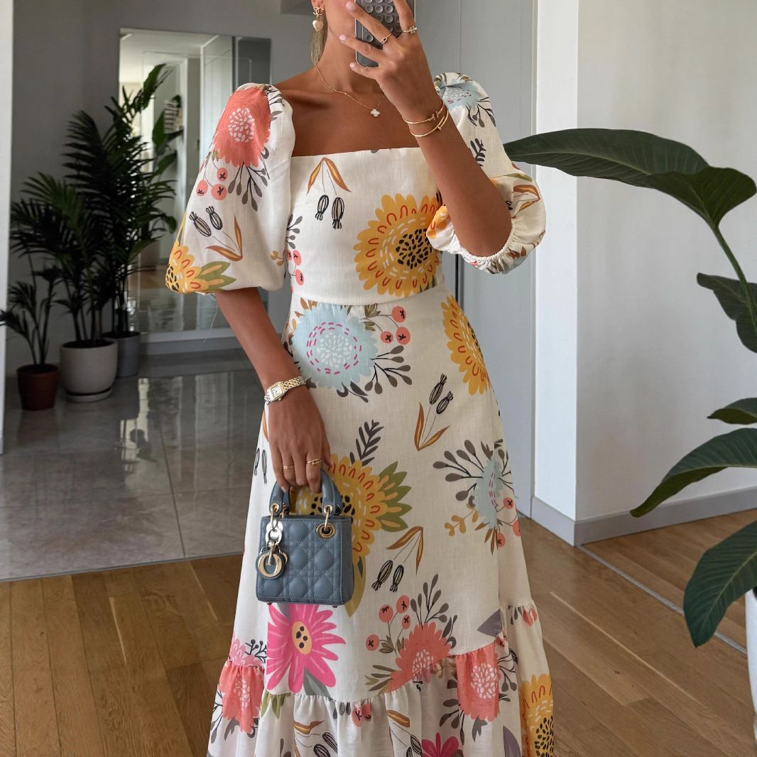 Women's European American Style Fashion Dress Large Swing One-Line Print Bubble Short Sleeve_ecoleips.com