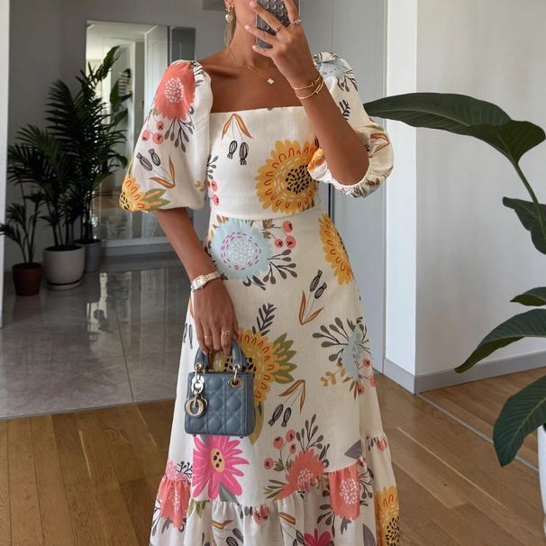 Women's European American Style Fashion Dress Large Swing One-Line Print Bubble Short Sleeve_ecoleips.com