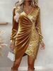Casual Long Sleeve Slim Shiny Short Dress Sexy V-neck Draped Design Club Party Dress Women Fashion Hight Waist Solid Mini Dress_ecoleips.com