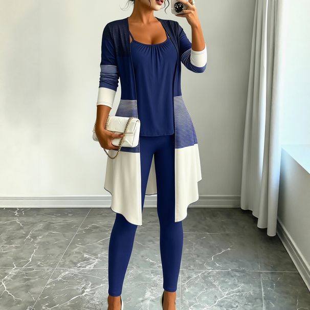 Milk Silk Women's Three Piece Set Striped Color Blocked Irregular Cardigan Camisole Pants Cross Border Exclusive Europe & America_ecoleips.com