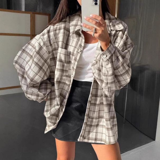 Classic Retro Plaid Shirt For Women, Loose-Fitting Street-Style Top, Casual Women's Wholesale Clothing_ecoleips.com