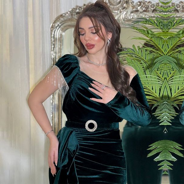 Women's Clothing Middle East Fashion Chain Tassel Women's Slim Velvet Dress Robe With Belt_ecoleips.com