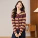 Striped Colorful Round Neck Single Button Knit Cardigan Women's Autumn Casual Sweater Jacket Long Sleeve Outerwear_ecoleips.com