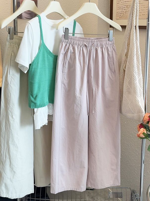 Super Skin-friendly Washing Cotton~ Summer New Elastic Waist Drawstring Casual Wide-leg Pants Loose Nine-point Pants_ecoleips.com