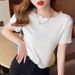 Ice Silk T-Shirt For Girls, Short Sleeve, Summer Student Best Friend, Slimming Black Fungus Lace Solid Color Base Layer,_ecoleips.com
