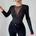 European And American Cross-border 2026 New Women's Sexy Front Mesh Patchwork Hollow-out Solid Color Long-sleeve T-shirt_ecoleips.com