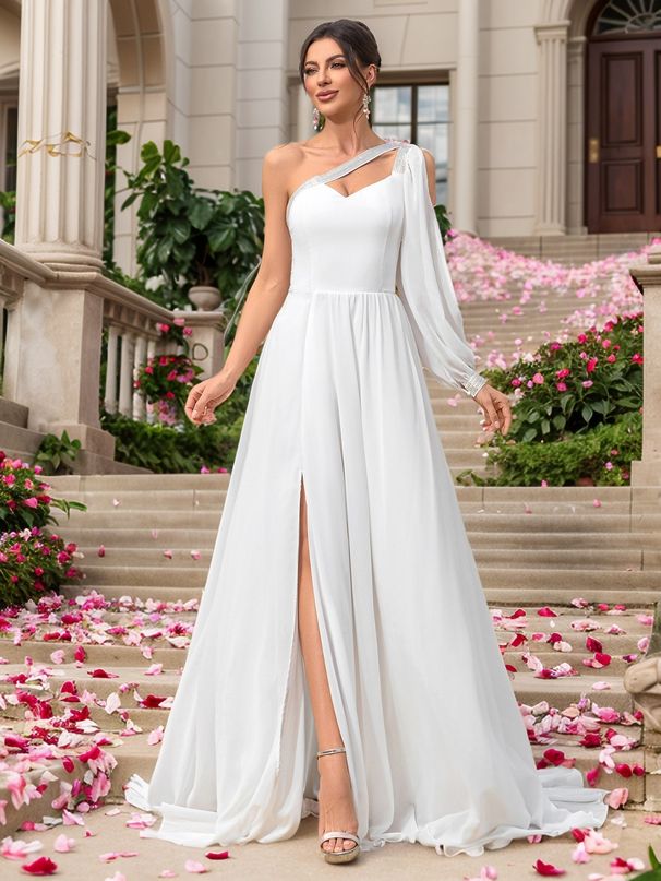 Women's Clothing Dress New Chiffon One Shoulder Sleeve Dress Banquet Wedding Wedding Dress Evening Dress Bridesmaid Dress_ecoleips.com