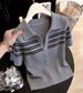 Women's Korean Style Striped T-Shirt White Short Sleeved Half Open Collar Summer 2026 New Design Popular And Youthful Top_ecoleips.com