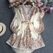 French Retro V Neck Sleeve Lantern Printed Dress Waist Medium Length Petite New Style For Spring And Summer Women's Clothing_ecoleips.com