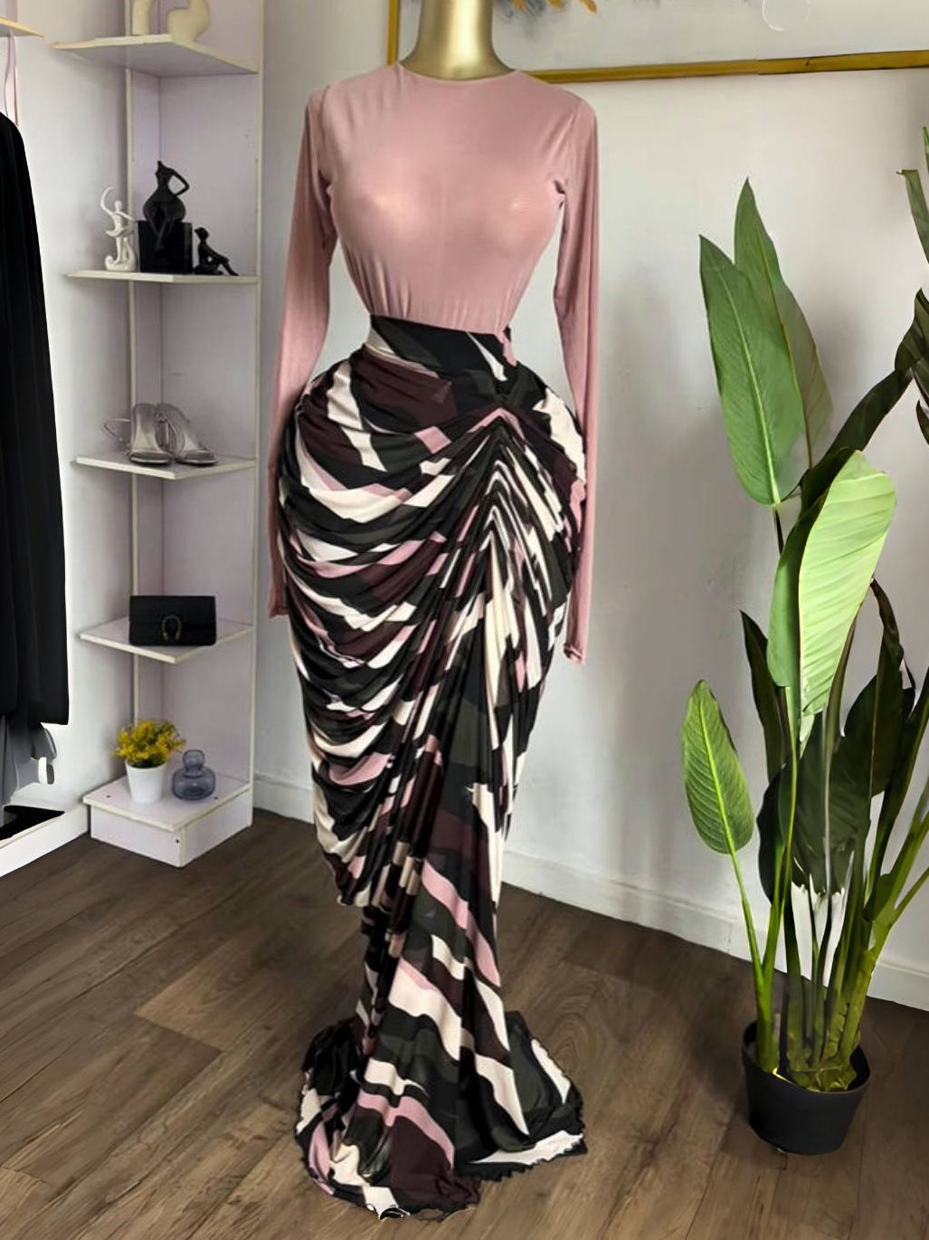 Women's Clothing Women's Elegant Patchwork Printed Maxi Dress Long Sleeved Pleated Evening Gown Style Fashion_ecoleips.com