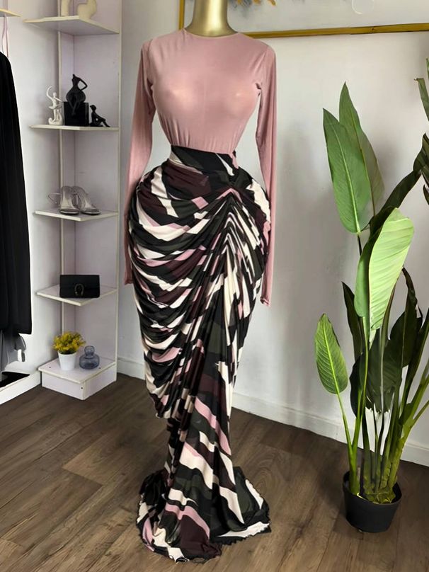 Women's Clothing Women's Elegant Patchwork Printed Maxi Dress Long Sleeved Pleated Evening Gown Style Fashion_ecoleips.com