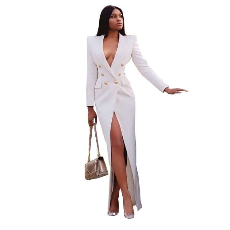Women's Clothing Solid Color Long V Neck Suit Jacket_ecoleips.com