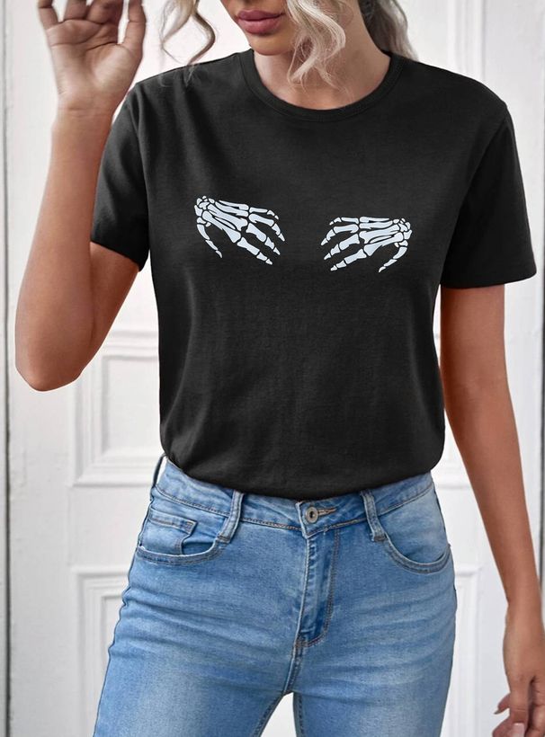 Women's Clothing Women's Casual Black T-Shirt Round Neck Short Sleeve Style Print Sportswear Top For Formal & Casual For Women_ecoleips.com
