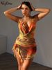 Hugcitar 2024 Scenery Print Halter Backless Hollow Out Ruffles Slit Sexy Slim Mini Dress Summer Fashion Beach Vacation Outfit_ecoleips.com