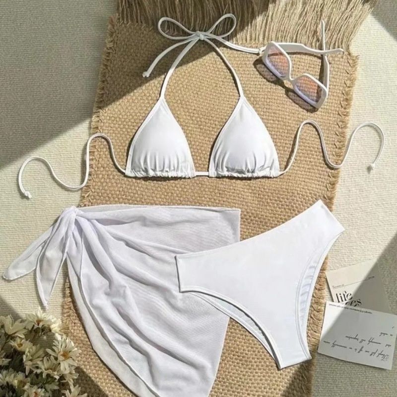 Aria Basics 2025 European And American New Sexy Two-Piece Swimsuit Women's Three-Piece Set Solid Color Bikini Cross-Border In Stock_ecoleips.com