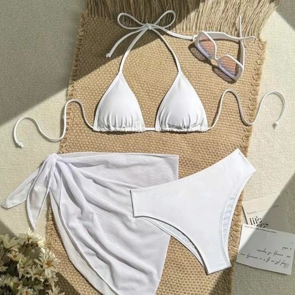 Aria Basics 2025 European And American New Sexy Two-Piece Swimsuit Women's Three-Piece Set Solid Color Bikini Cross-Border In Stock_ecoleips.com