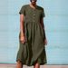 Summer Round-Neck Short-Sleeved Dress With Patchwork Design, Single Row Of Buttons, And Made From Pure Cotton-Linen Fabr_ecoleips.com