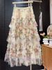 K Heavy Industry Splicing Printed Mesh Cake Skirt Half Skirt Women's New Floral Puff Long Skirt_ecoleips.com