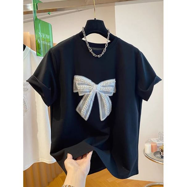 Women's Pure Cotton Short Sleeve T-Shirt European Style Heavy Beaded Bow Loose Fit Versatile Slimming Top For Youthful Look_ecoleips.com