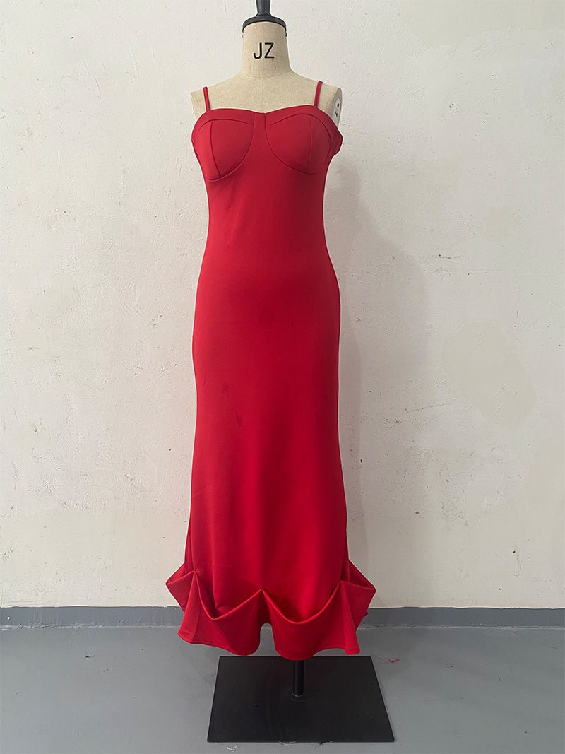 Women's Clothing Spaghetti Ball Ruffle Hem Sleeveless High Waist Bodycon Dress_ecoleips.com