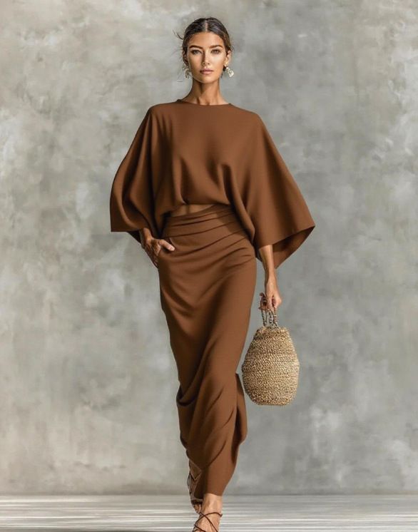 Women's High-Waisted Midi Skirt Suit American Style Autumn New Long Sleeved Round Neck Loose Top For Commuting_ecoleips.com