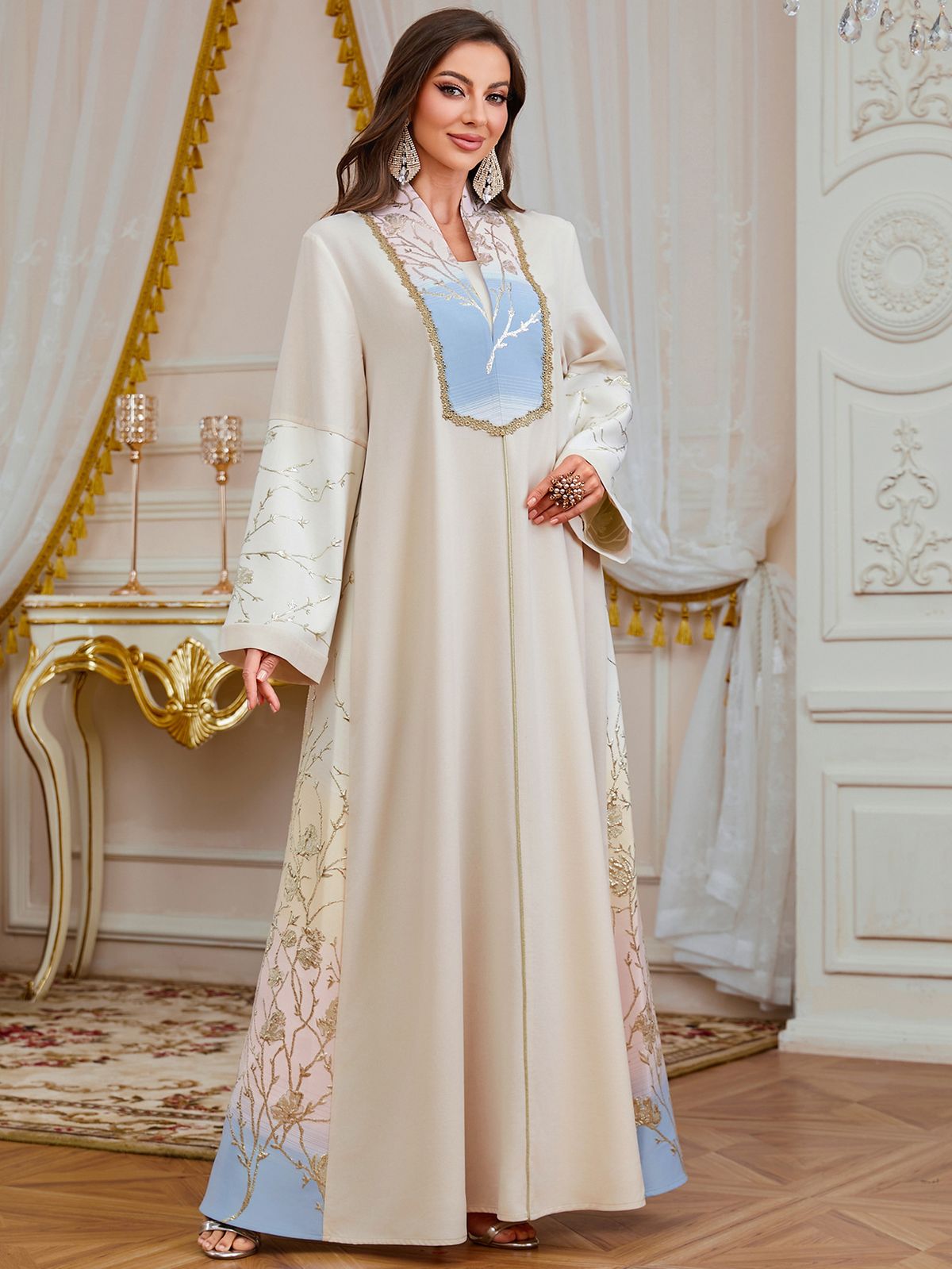 Women's Elegant Long Robe Embroidered Floral Loose Ethnic Style Fashionable Evening Gown Muslim Clothing with Long Sleeves_ecoleips.com