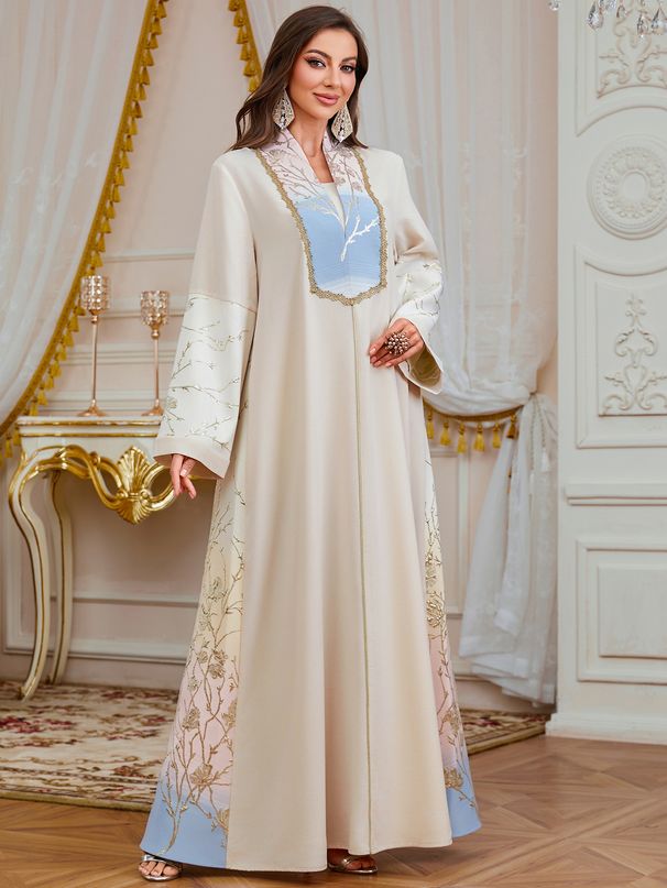 Women's Elegant Long Robe Embroidered Floral Loose Ethnic Style Fashionable Evening Gown Muslim Clothing with Long Sleeves_ecoleips.com