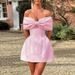 Women’s Sweet Off-Shoulder Jacquard Dress – Butterfly Embellished, Glossy Princess Style (Pink/Black, S-L)_ecoleips.com