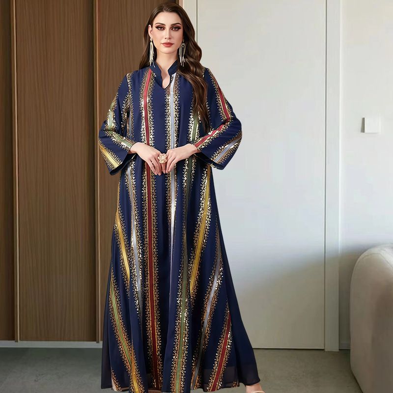 Women's Clothing Embroidered Metallic Stripe Kaftan Dress – Modest Long Sleeve Maxi With Stand Collar & Sequins (S-XL, Elegant Colors)_ecoleips.com