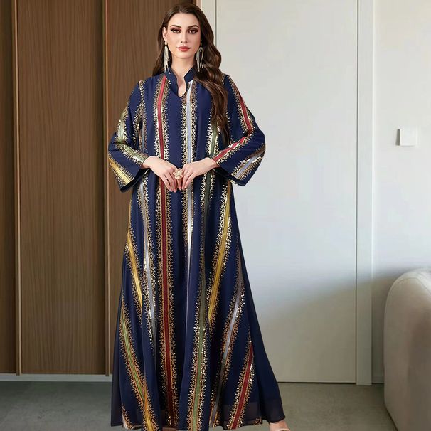 Women's Clothing Embroidered Metallic Stripe Kaftan Dress – Modest Long Sleeve Maxi With Stand Collar & Sequins (S-XL, Elegant Colors)_ecoleips.com
