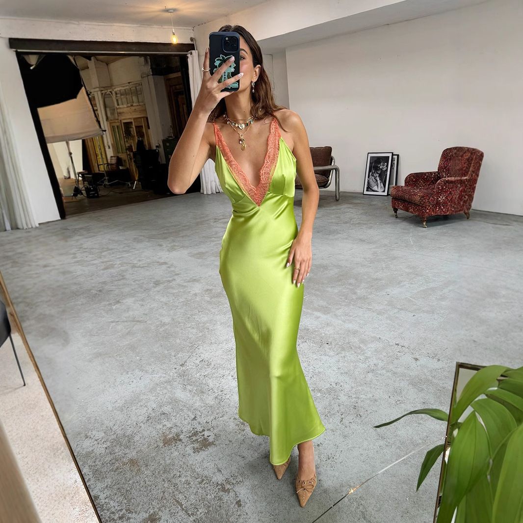 Summer New Style Sexy V Neck Lace Camisole Dress Cross Border European American Style 2025_ecoleips.com