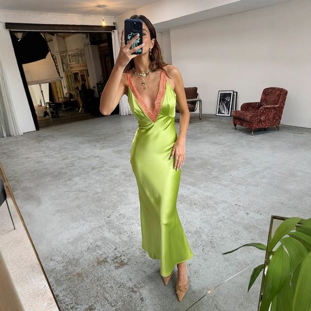 Summer New Style Sexy V Neck Lace Camisole Dress Cross Border European American Style 2025_ecoleips.com
