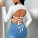Voya Women's Spring And Summer New Sexy Backless T-shirt Long Sleeved V-neck Waist Cinching Slimming Temperament Top_ecoleips.com