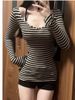 Slim Fit Long Sleeve V-Neck Striped T-Shirt Women's Design Base Layer Sweet Spicy Large Collar Trendy Korean Style Top_ecoleips.com