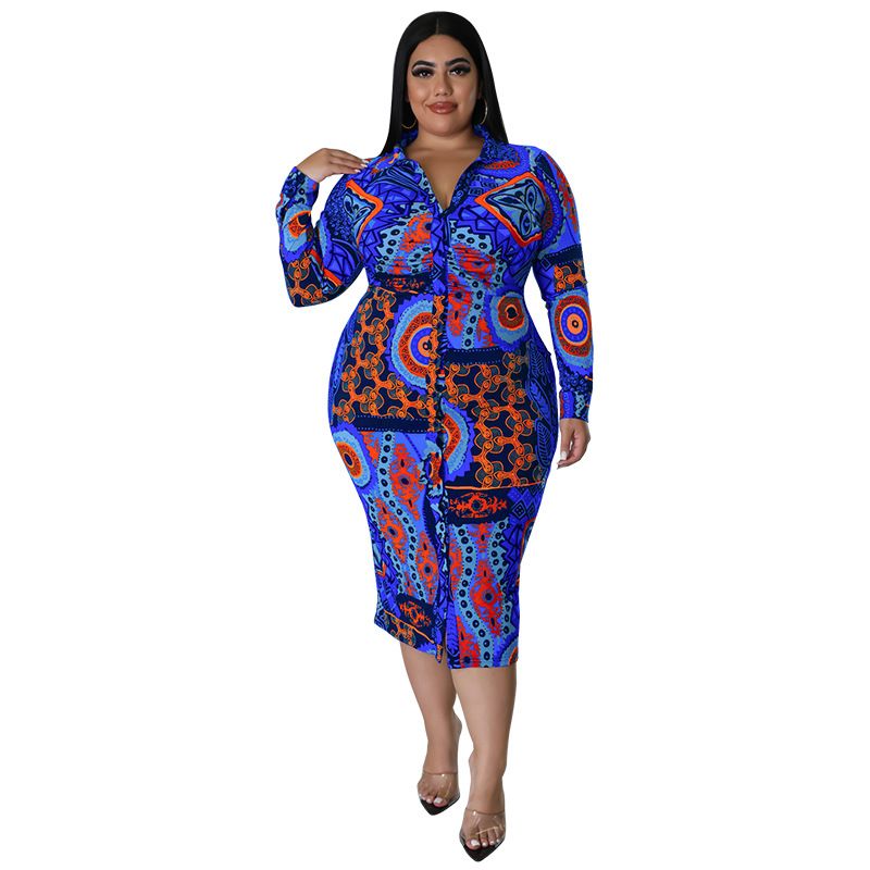 Plus Size Women's Long Dress Printed Multi Color Casual Sexy Shirt Long Sleeved_ecoleips.com