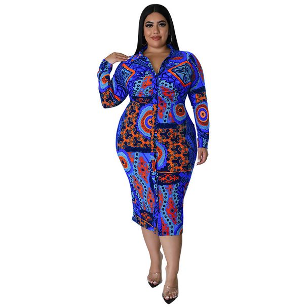 Plus Size Women's Long Dress Printed Multi Color Casual Sexy Shirt Long Sleeved_ecoleips.com