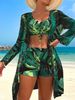 Women's Three Piece Swimsuit Set Printed Drawstring Top Long Sleeve Mesh Cover Up Boxer Briefs Fashionable Regular Fit Nylon Polyester_ecoleips.com