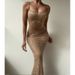 Women's Clothing Sexy Dress Suspender Long Dress Slim Hot Girl Style Nude Mesh Dress Rhinestone_ecoleips.com