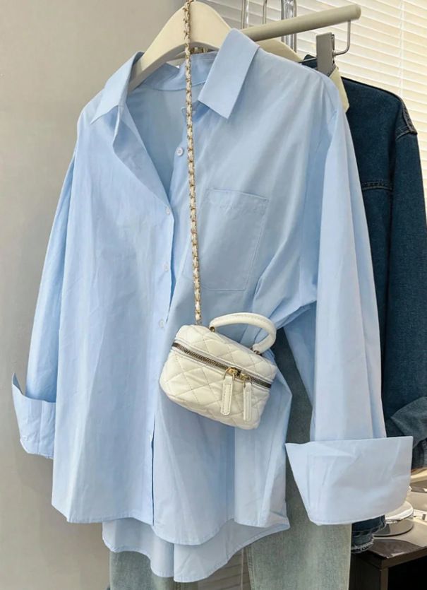 Women's Lightweight Long Sleeve Blouse Breathable Linen-Like Polyester Oversized Office Casual Top with Pockets Blue White S- XL_ecoleips.com