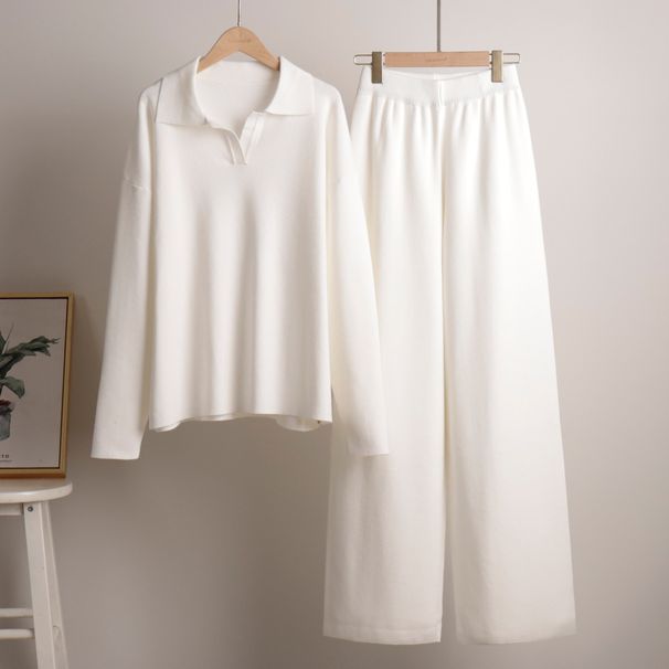 Cross-Border European And American Autumn Winter Sweater Suit Polo Collar Knitted Pullover + Wide-Leg Trousers Two-Piece_ecoleips.com