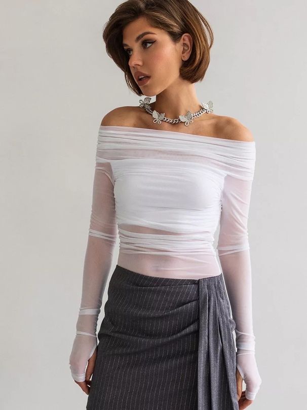 Women's Slim Fit off Shoulder Top Solid Color European American Style Fashion Mesh Long Sleeved Autumn Winter New Cross Border_ecoleips.com