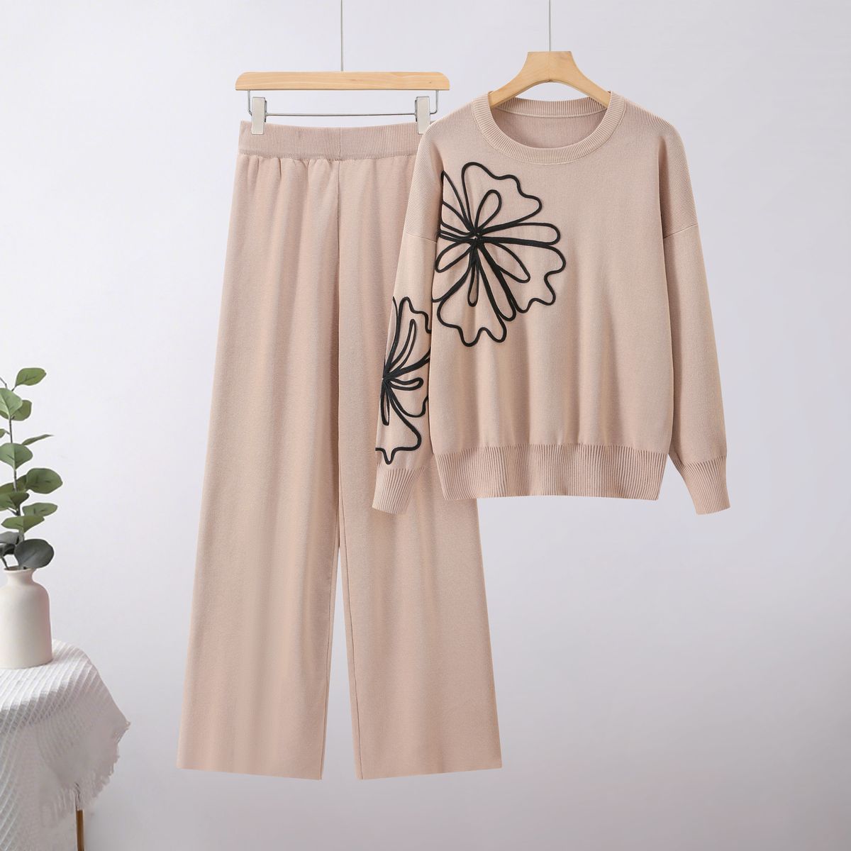Women's Clothing Round Neck Soft Sweater Casual Jacket Knit Sweater Top Loose Wide Leg Pants Two Piece Suit_ecoleips.com
