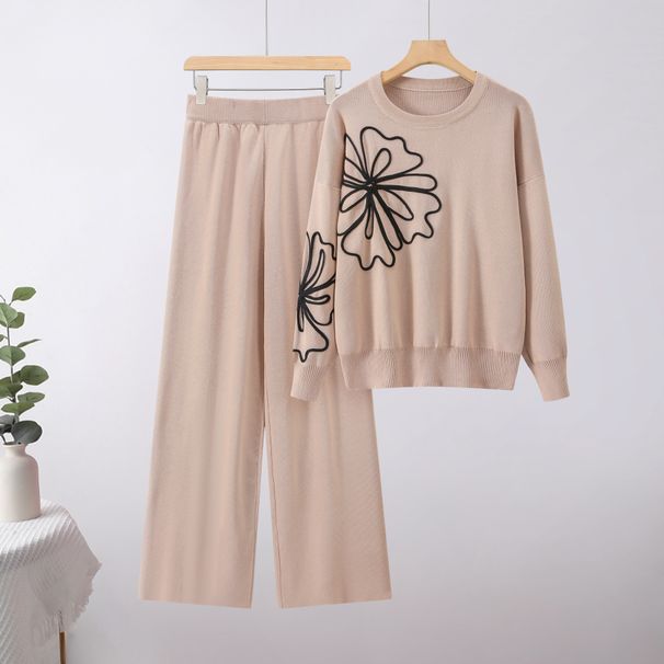 Women's Clothing Round Neck Soft Sweater Casual Jacket Knit Sweater Top Loose Wide Leg Pants Two Piece Suit_ecoleips.com